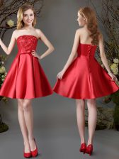  Red Lace Up Strapless Appliques and Bowknot Damas Dress Satin Sleeveless