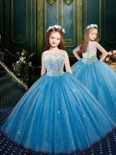 Customized Scoop Blue Sleeveless Tulle Clasp Handle Girls Pageant Dresses for Party and Wedding Party