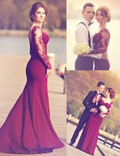 Fabulous Mermaid Burgundy Scoop Neckline Appliques Dress for Prom Long Sleeves Zipper