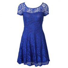  Blue Scoop Neckline Lace Prom Dress Short Sleeves Side Zipper