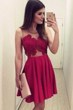 Hot Selling Scoop Sleeveless Satin Knee Length Zipper Prom Dresses in Wine Red with Appliques