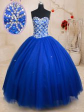  Sleeveless Floor Length Beading Lace Up Quinceanera Dresses with Royal Blue