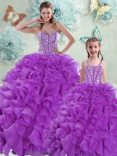 Luxury Sleeveless With Train Beading and Ruffles Lace Up Quinceanera Dresses with Eggplant Purple Brush Train