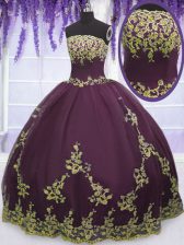 High Class Floor Length Zipper Sweet 16 Dresses Purple for Military Ball and Sweet 16 and Quinceanera with Appliques