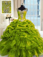 Sophisticated Olive Green Organza Lace Up Straps Sleeveless Floor Length Quinceanera Gowns Beading
