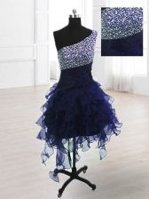 Custom Designed One Shoulder Navy Blue Lace Up Prom Evening Gown Beading Sleeveless Knee Length