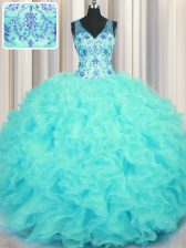 Admirable V Neck Sleeveless Zipper Floor Length Beading and Appliques and Ruffles 15th Birthday Dress