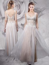 Graceful Straps Sleeveless Floor Length Appliques Grey Chiffon