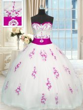  White Sleeveless Appliques and Belt Floor Length Sweet 16 Dresses