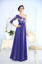 New Style One Shoulder Long Sleeves Chiffon Floor Length Side Zipper Evening Dress in Blue with Beading and Appliques