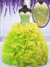  Yellow Green Ball Gowns Sweetheart Sleeveless Organza Sweep Train Lace Up Beading and Ruffles Sweet 16 Dress