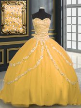 Fashion Sleeveless With Train Beading and Appliques Lace Up Sweet 16 Dresses with Gold Brush Train