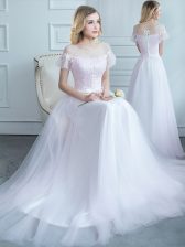 Flirting Scoop Short Sleeves Tulle Dama Dress Lace and Belt Sweep Train Lace Up
