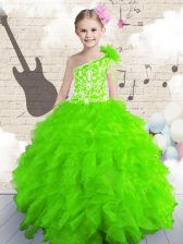  One Shoulder Floor Length Child Pageant Dress Organza Sleeveless Beading and Ruffles