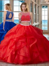  Scoop Sleeveless 15 Quinceanera Dress Floor Length Beading Red Organza