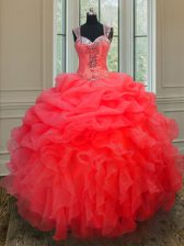 Customized Coral Red Sweet 16 Dress Military Ball and Sweet 16 and Quinceanera with Beading and Ruffles Straps Sleeveless Zipper