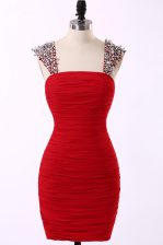 Amazing Red Column/Sheath Taffeta Straps Sleeveless Beading Mini Length Zipper Prom Party Dress