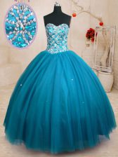 Lovely Teal Lace Up Sweetheart Beading Quinceanera Gowns Tulle Sleeveless