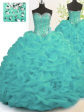  Turquoise Ball Gowns Beading and Ruffles Quinceanera Dresses Lace Up Organza Sleeveless With Train