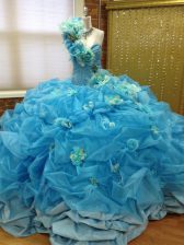  One Shoulder Sleeveless Taffeta and Tulle Quinceanera Gown Pick Ups and Hand Made Flower Lace Up