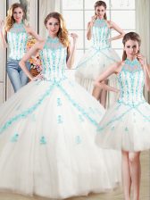 Hot Selling Four Piece Halter Top White Lace Up Quinceanera Gowns Beading and Appliques Sleeveless Floor Length