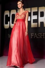  Floor Length Red Homecoming Dress V-neck Short Sleeves Side Zipper