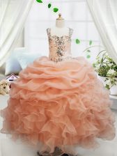  Straps Orange Zipper Girls Pageant Dresses Beading and Ruffles and Pick Ups Sleeveless Floor Length
