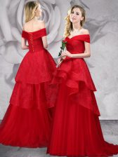  Off the Shoulder Red Tulle Lace Up Prom Dress Sleeveless With Brush Train Lace