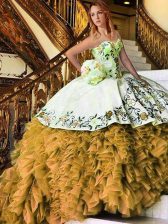 Yellow And White Ball Gowns Sweetheart Sleeveless Organza Floor Length Lace Up Appliques and Embroidery Ball Gown Prom Dress