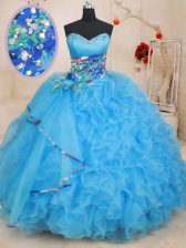 Modern Baby Blue Sleeveless Floor Length Beading and Ruffles and Pattern Lace Up Sweet 16 Dresses