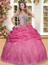 Dazzling Coral Red Ball Gowns Sweetheart Sleeveless Organza Floor Length Lace Up Beading and Pick Ups Quince Ball Gowns