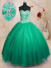  Floor Length Lace Up Quinceanera Gown Dark Green for Military Ball and Sweet 16 and Quinceanera with Beading
