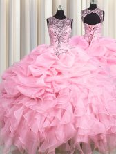  See Through Baby Pink Organza Lace Up Scoop Sleeveless Floor Length Sweet 16 Dress Beading and Ruffles and Pick Ups