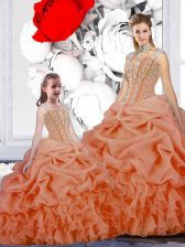  Straps Orange Sleeveless Floor Length Beading and Ruffles and Pick Ups Lace Up 15 Quinceanera Dress