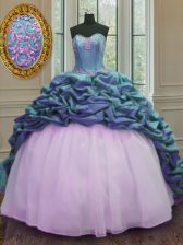  Organza and Taffeta Sweetheart Sleeveless Sweep Train Lace Up Beading and Appliques and Pick Ups Quinceanera Dress in Blue And White