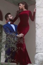  Mermaid Burgundy Long Sleeves Elastic Woven Satin Sweep Train Backless Evening Dress for Prom