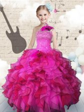 Admirable One Shoulder Floor Length Ball Gowns Sleeveless Hot Pink Little Girl Pageant Dress Lace Up