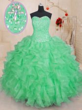 Delicate Green Sweetheart Lace Up Beading and Ruffles Quinceanera Gown Sleeveless