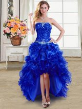  Royal Blue Lace Up Strapless Beading and Ruffles Prom Evening Gown Organza Sleeveless