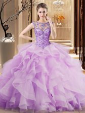  Scoop Beading and Ruffles Sweet 16 Dress Lilac Lace Up Sleeveless Brush Train