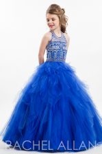 Latest Ball Gowns Little Girls Pageant Dress Wholesale Royal Blue Halter Top Tulle Sleeveless Floor Length Zipper