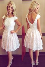 Fancy White Zipper Scoop Lace Prom Party Dress Lace Cap Sleeves