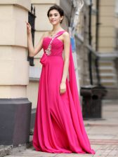  One Shoulder Sleeveless Brush Train Zipper Evening Dress Hot Pink Chiffon