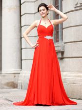  Beading Homecoming Dress Coral Red Zipper Sleeveless Brush Train