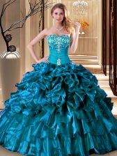 Superior Floor Length Lace Up 15th Birthday Dress Teal for Military Ball and Sweet 16 and Quinceanera with Embroidery and Ruffles