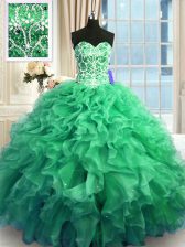 Best Sweetheart Sleeveless Sweet 16 Quinceanera Dress Floor Length Beading and Ruffles Turquoise Organza