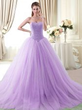 Artistic Lavender Ball Gowns Sweetheart Sleeveless Tulle Floor Length Lace Up Beading Sweet 16 Quinceanera Dress