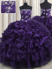 Custom Fit Purple Strapless Lace Up Appliques and Ruffles and Ruffled Layers 15 Quinceanera Dress Sleeveless
