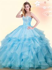  Baby Blue Ball Gowns Organza Sweetheart Sleeveless Beading and Ruffles Floor Length Lace Up Ball Gown Prom Dress