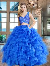 Top Selling Blue V-neck Zipper Lace and Ruffles Ball Gown Prom Dress Sleeveless